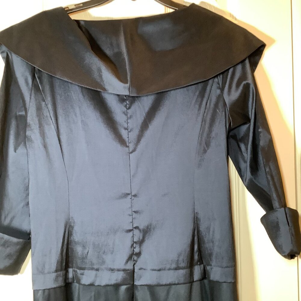 KM Collection by Milla Bell Navy Blue Gown with lace covering and silver brooch - Picture 3 of 8